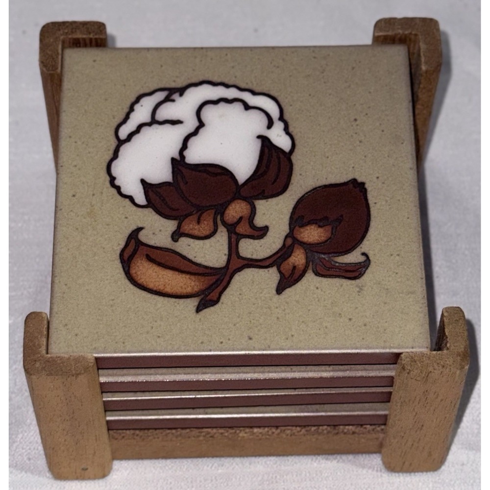 VTG Cleo Teissedre Cotton Ceramic Tile Coaster Trivet  4" MCM Set Of 4 W/ Holder